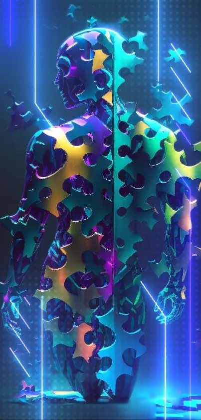 Futuristic figure made of puzzle pieces in neon colors.