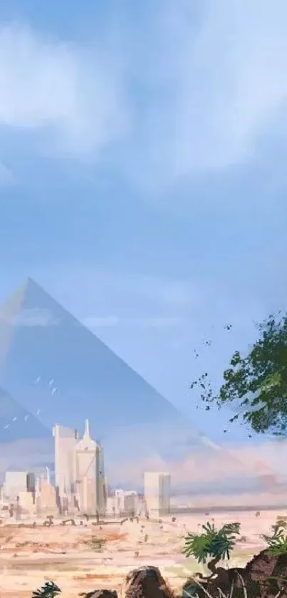 Futuristic city with pyramids under a blue sky.