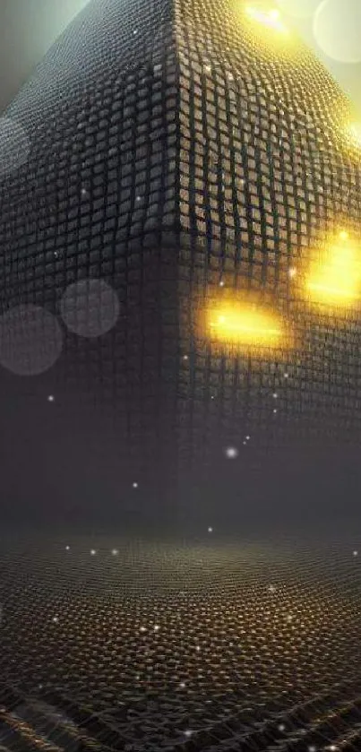 Futuristic pyramid cube with glowing lights in misty dark environment.