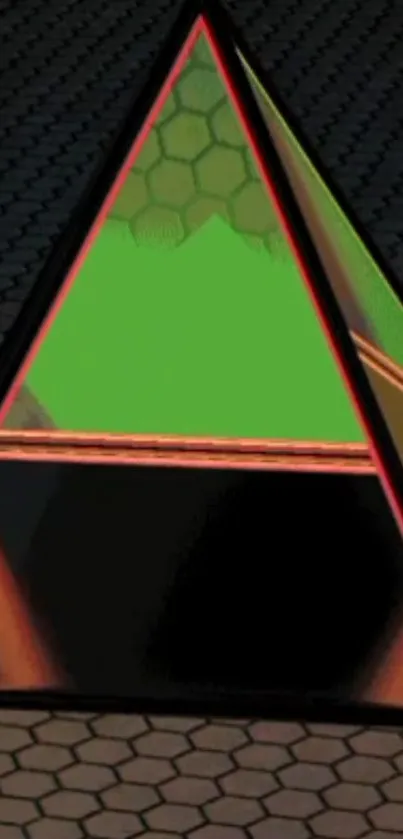 Futuristic pyramid with neon green and hexagon design.