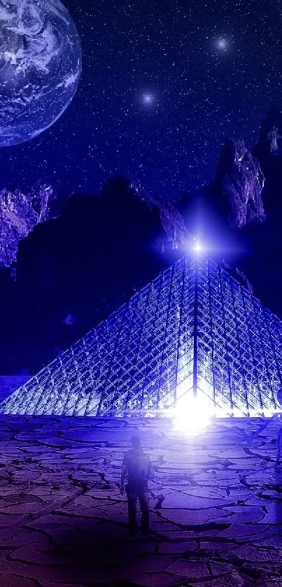 Futuristic landscape with glowing pyramid and starry galaxy background.