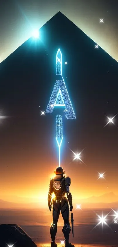 Futuristic warrior stands before a glowing pyramid at sunset on an alien horizon.