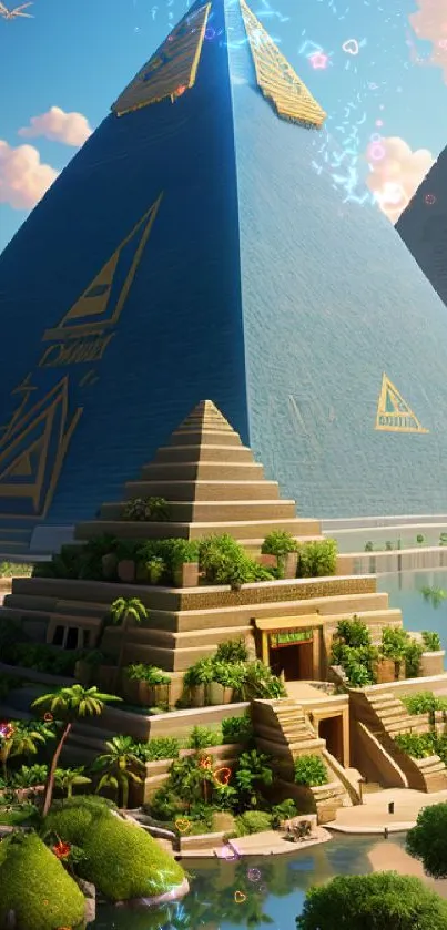 Futuristic pyramids rise above a lush island under a clear blue sky.