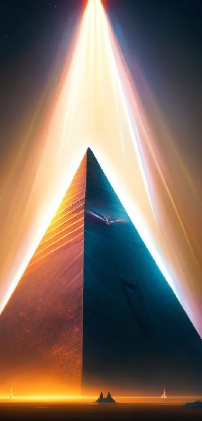 Futuristic pyramid glowing with vibrant light against a dark sky.