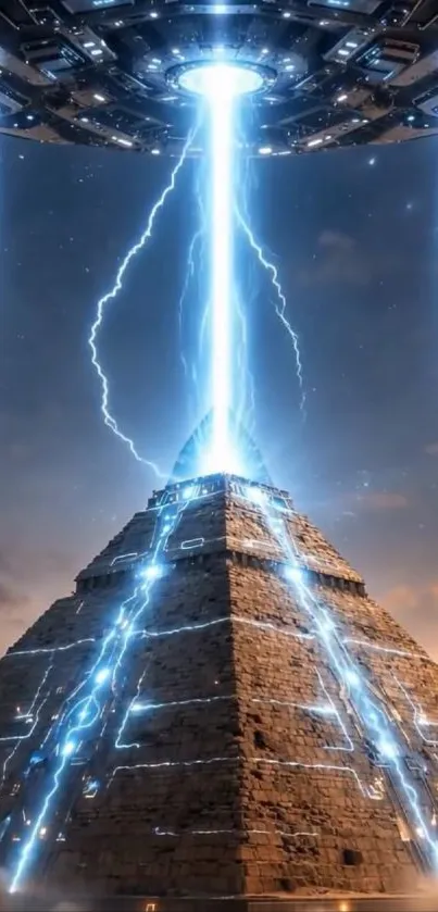 Futuristic pyramid struck by lightning from a spacecraft.