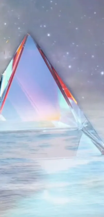 Futuristic pyramid over cosmic ocean in wallpaper.