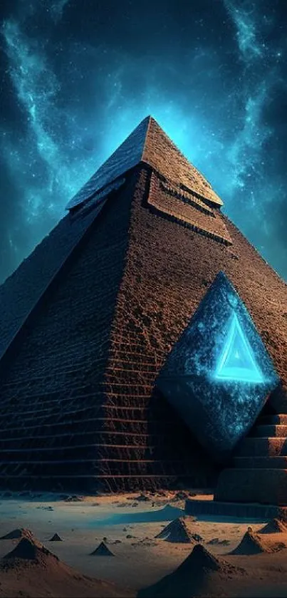 Futuristic pyramid under a celestial night sky with blue glowing accents.
