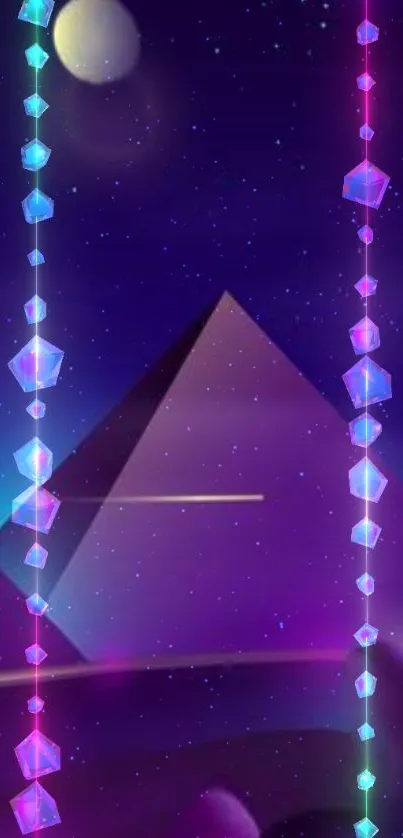 Futuristic night scene with pyramids and floating neon cubes.