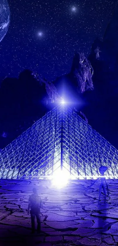 Futuristic nightscape with illuminated pyramid.