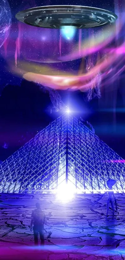Futuristic glowing pyramid on an alien planet under a starry sky.