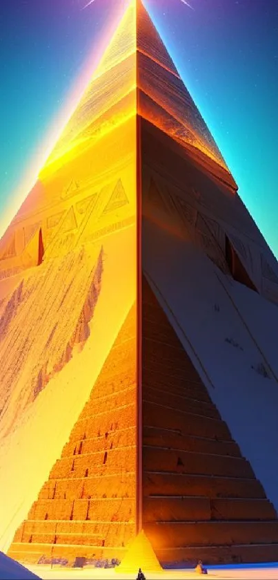 Futuristic golden pyramid with vibrant colors in digital art.