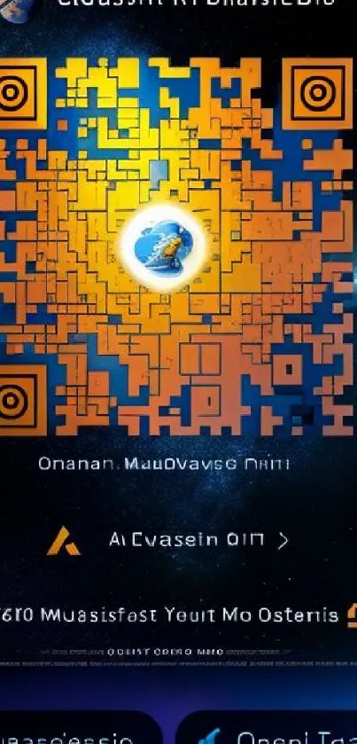 Futuristic blue and orange QR code on a mobile wallpaper.