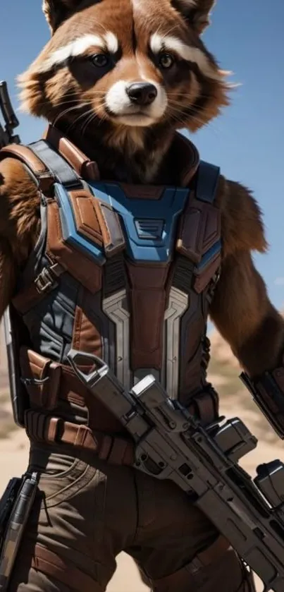 Futuristic raccoon warrior in desert with high-tech armor.