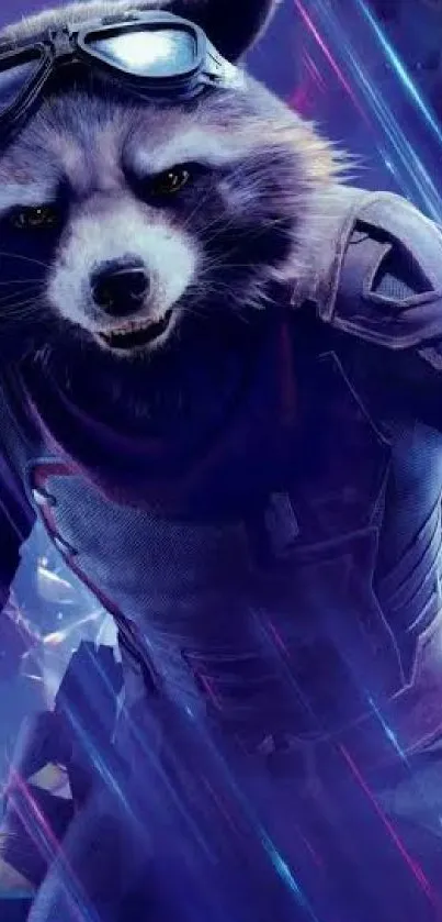 Futuristic raccoon warrior in a purple sci-fi setting.