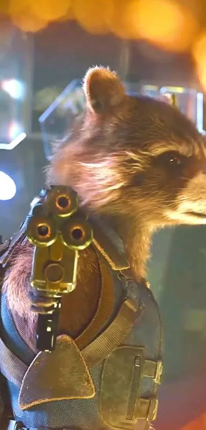 Futuristic raccoon holding weapon against vibrant background.