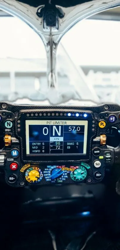 Futuristic race car dashboard view with digital controls.