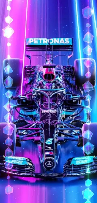 Futuristic neon race car with dynamic lines and vibrant colors.