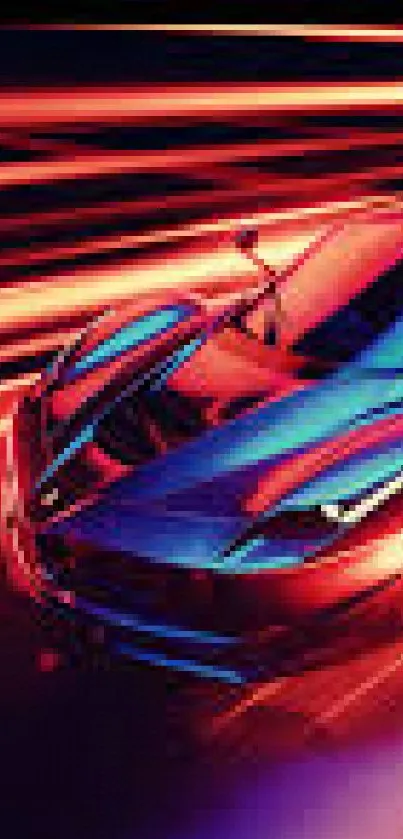 Futuristic race car with neon lights speeding through vibrant hues.