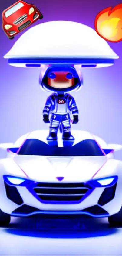 Futuristic wallpaper with a spaceman driving a sleek car and colorful icons.