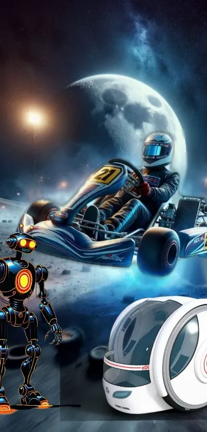 Futuristic go-kart racing on the moon with robots.