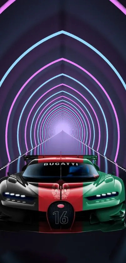 Sleek car in neon-lit tunnel with futuristic vibes.