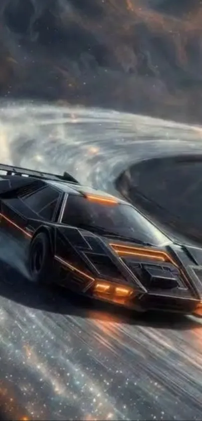 Futuristic racing car on a curved track, glowing with speed.