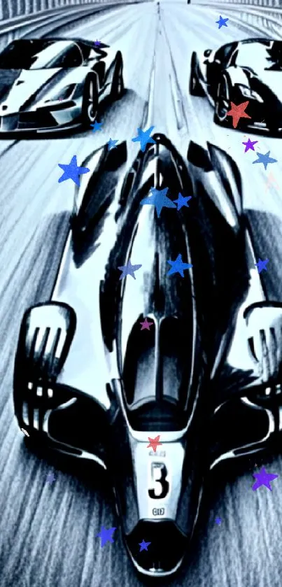 Futuristic black and silver racing cars speeding down a highway.