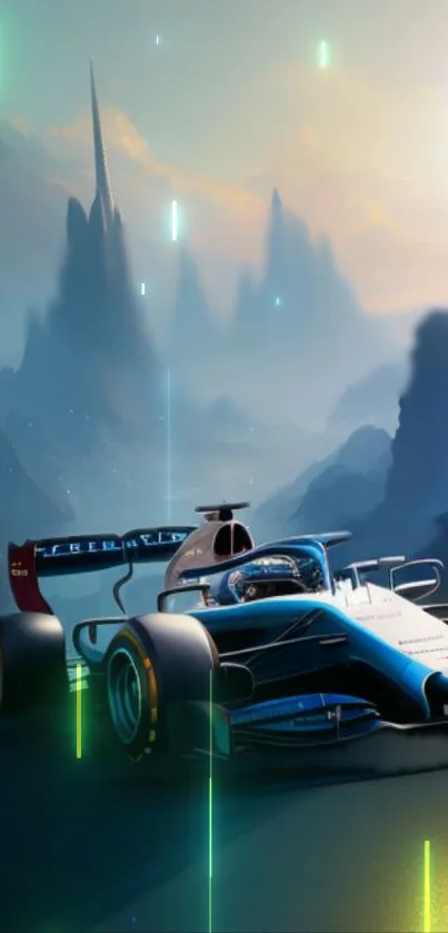 Futuristic racing car in a surreal landscape with vivid colors and glowing details.