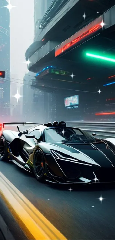 Sleek futuristic car in neon-lit city street.