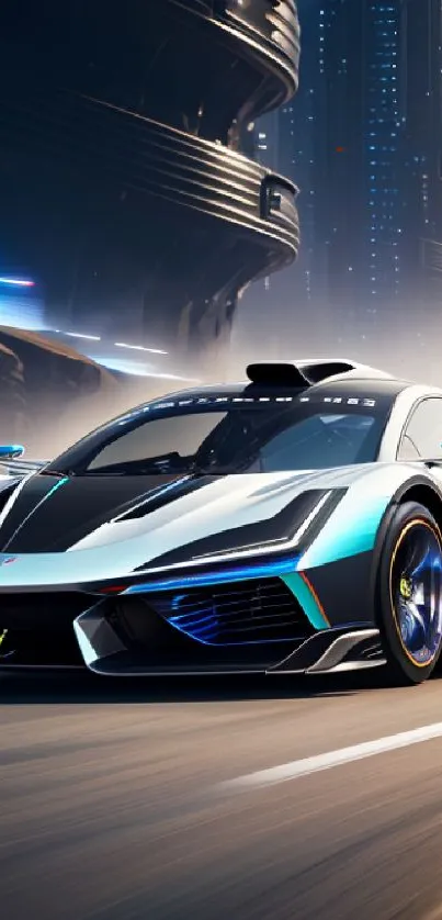 Futuristic racing car speeding on a neon-lit city road.