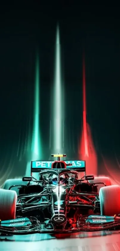 Futuristic race car with dynamic lights in vibrant colors on a sleek background.