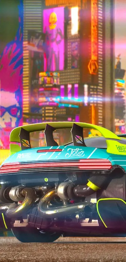 Futuristic racing car in a neon-lit cityscape with vibrant orange hues.