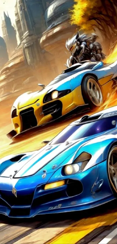 Futuristic racing cars speeding in dynamic scene.