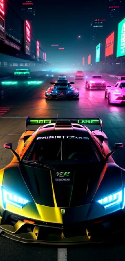 Futuristic racing cars under neon lights on a nighttime race track.