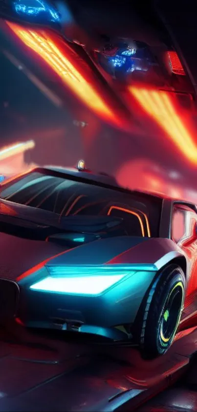 Futuristic racing car with neon lights in dynamic visual art.