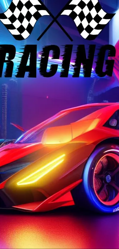 Futuristic racing car with neon lights and vibrant red hue.