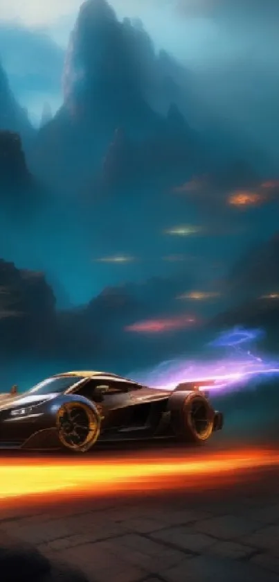 Futuristic black racing car speeds through a vibrant mountainscape at night.