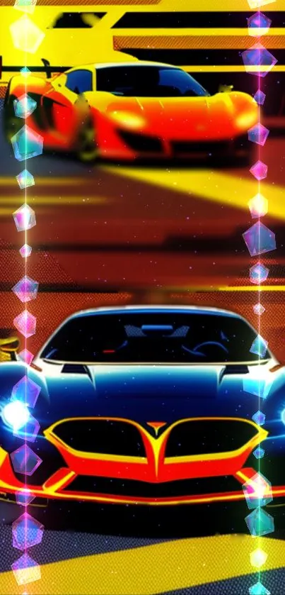 Vibrant futuristic racing car mobile wallpaper in yellow and red hues.