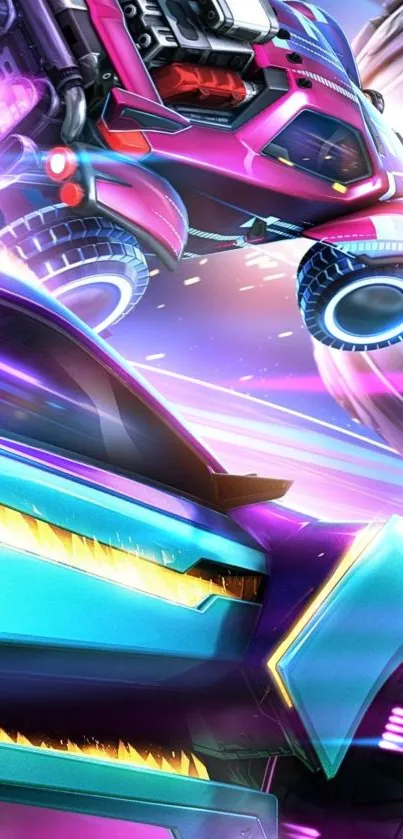 Futuristic racing cars wallpaper with neon blue hues and dynamic motion.