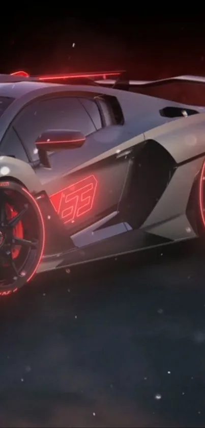 Futuristic racing car with glowing red accents on a sleek design.