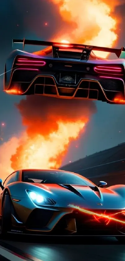 Futuristic racing cars with fiery backdrop.