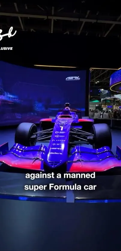 Futuristic blue and purple racing car on display, showcasing sleek design.