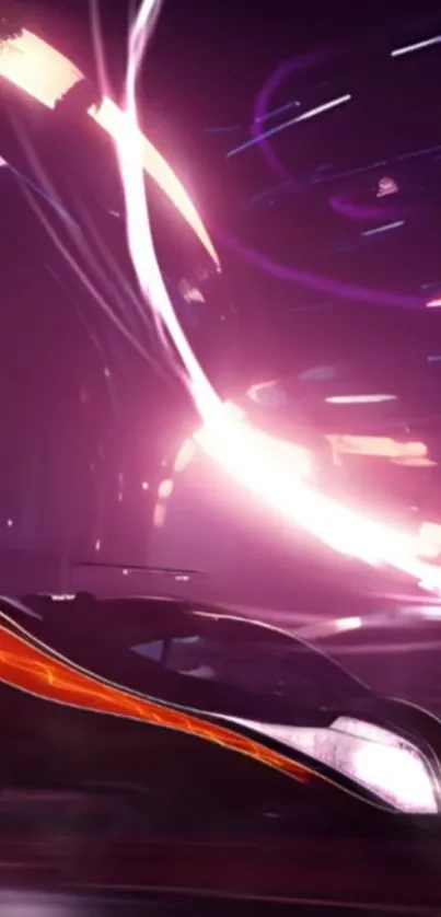 Futuristic car with neon lights in vibrant purple glow.