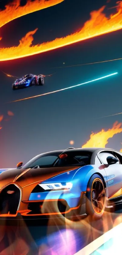 Vibrant futuristic car racing wallpaper with flames and blue accents.