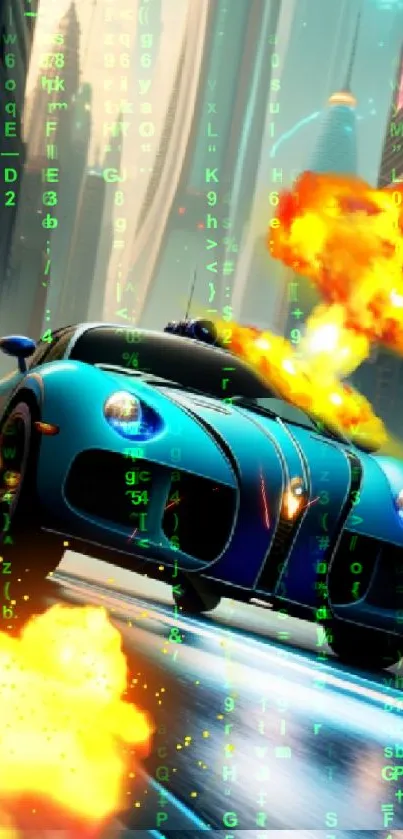 Futuristic blue racing car with explosions in a cityscape background.