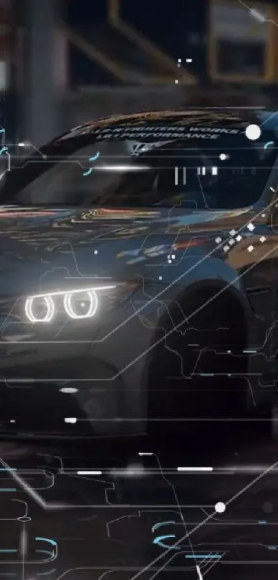 Futuristic racing car with glowing headlights and tech design elements.