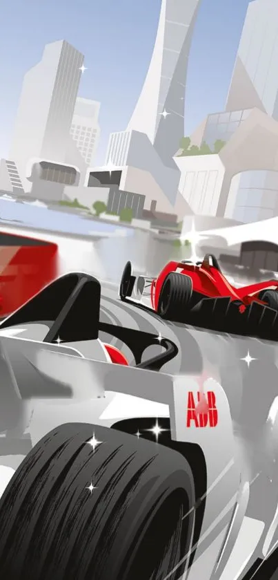 Futuristic racing cars zoom past a city's skyline in dynamic wallpaper.