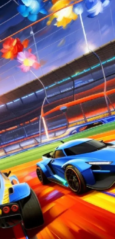 Futuristic racing game wallpaper with sleek blue cars and colorful trails.