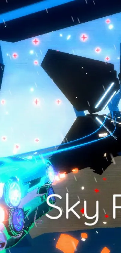 Futuristic racing scene with a car in mid-air in a vibrant sky race setting.