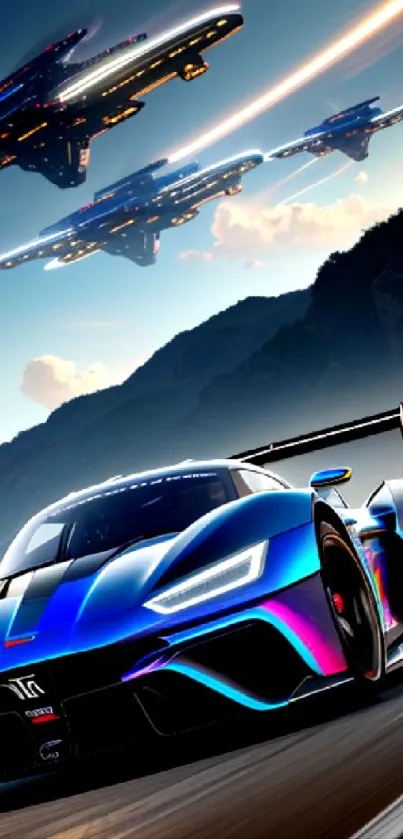 Futuristic supercar and spaceship in a vibrant digital art wallpaper.